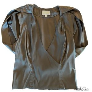 Zac POSEN Black Deep V Neckline Silk Waterfall Back Blouse Top Size 6 S
